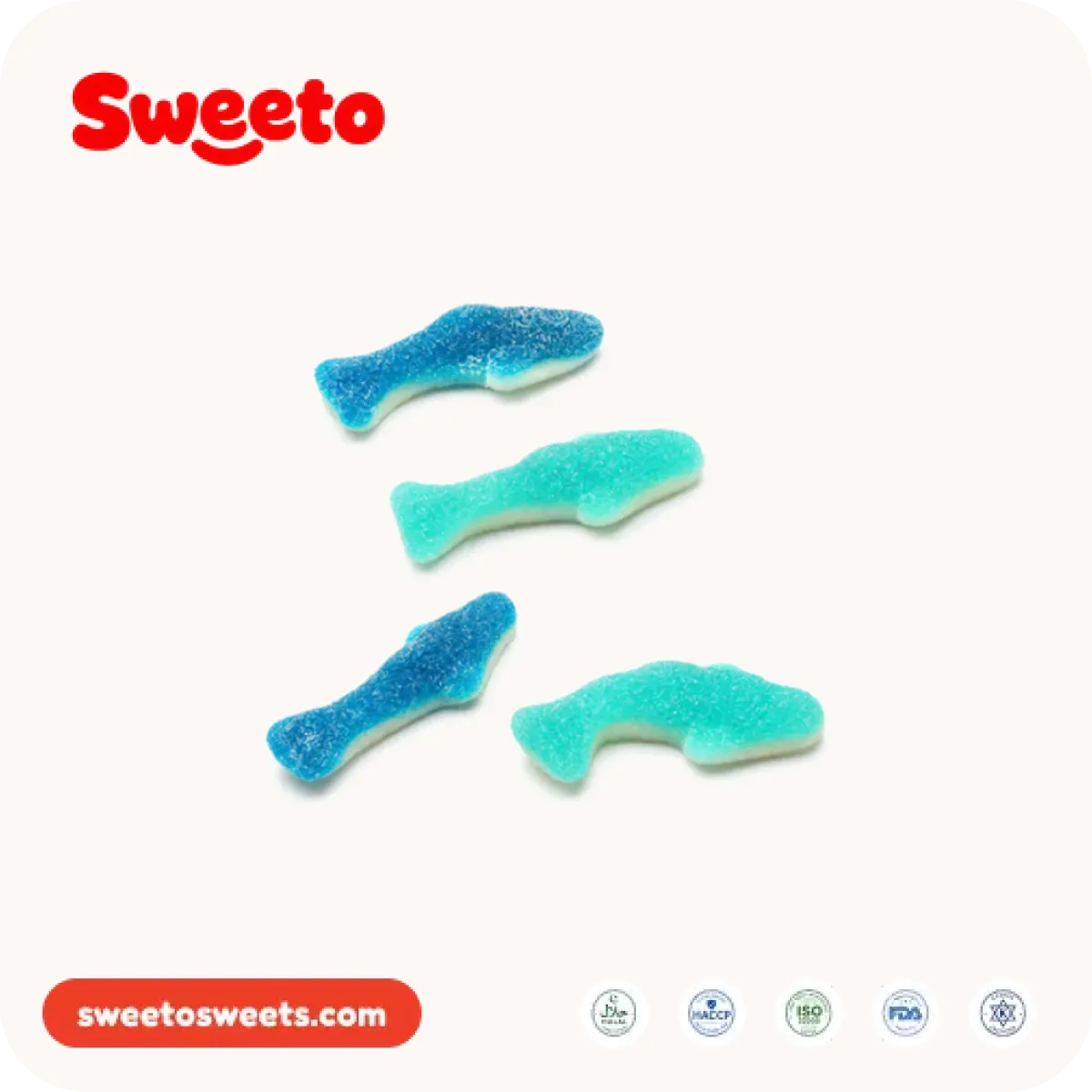 Blue and white shark gummies from Sweeto Sweets