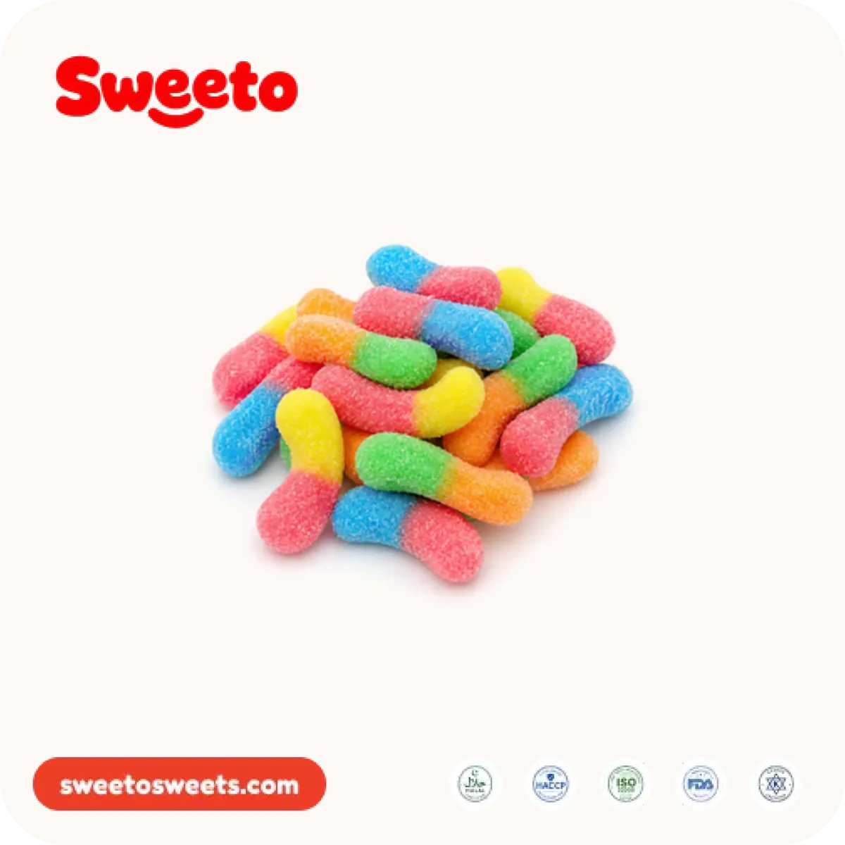 Bright sour sanded gummy worms from Sweeto Sweets