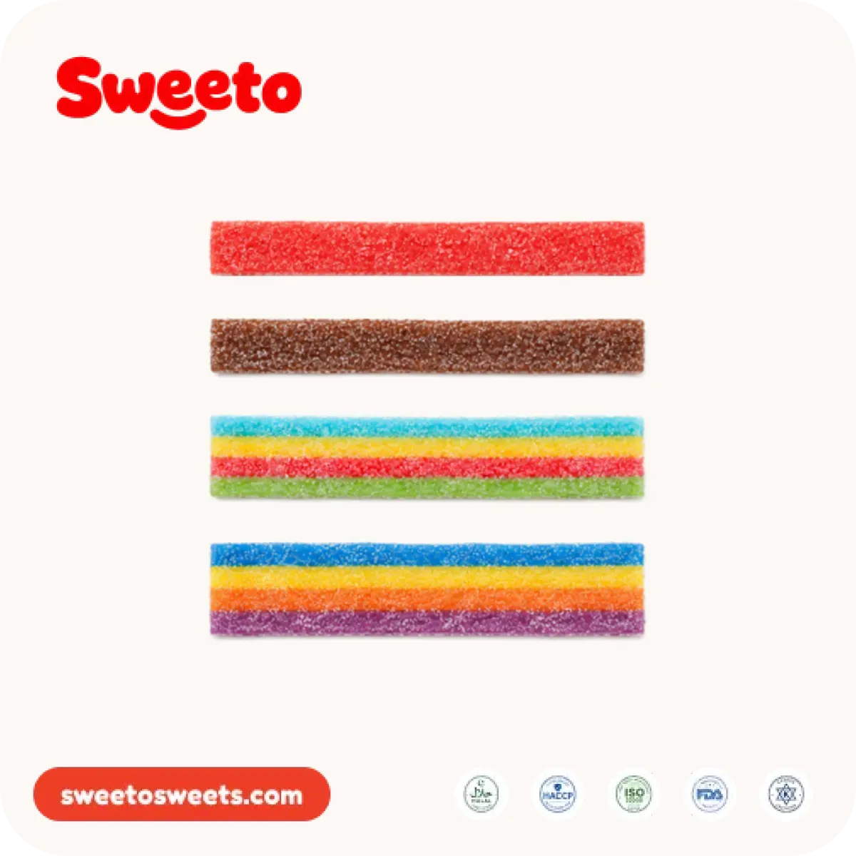 Rainbow sour, strawberry and cola gummy belts from Sweeto Sweets