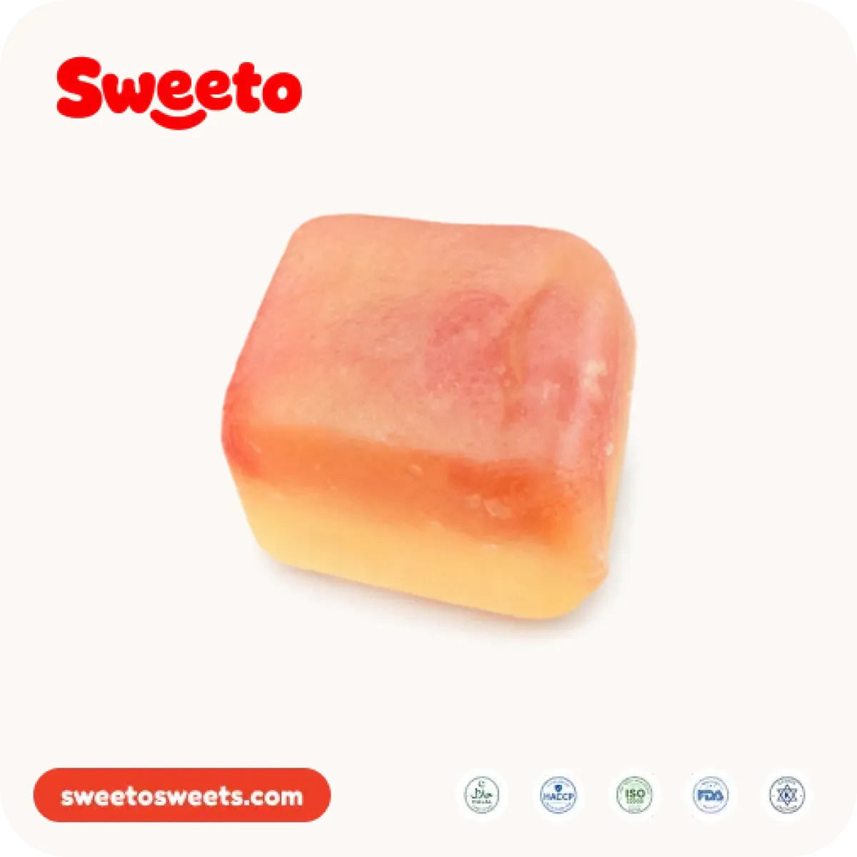 Layered pink and orange gummy cube from Sweeto Sweets