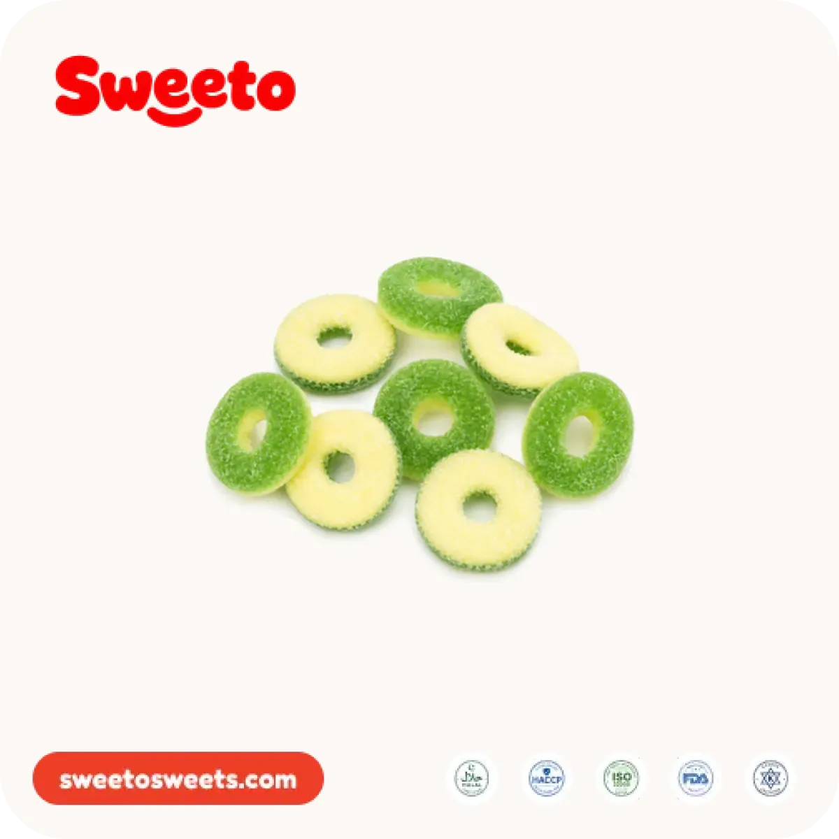 Two-tone white-base gummy rings from Sweeto Sweets