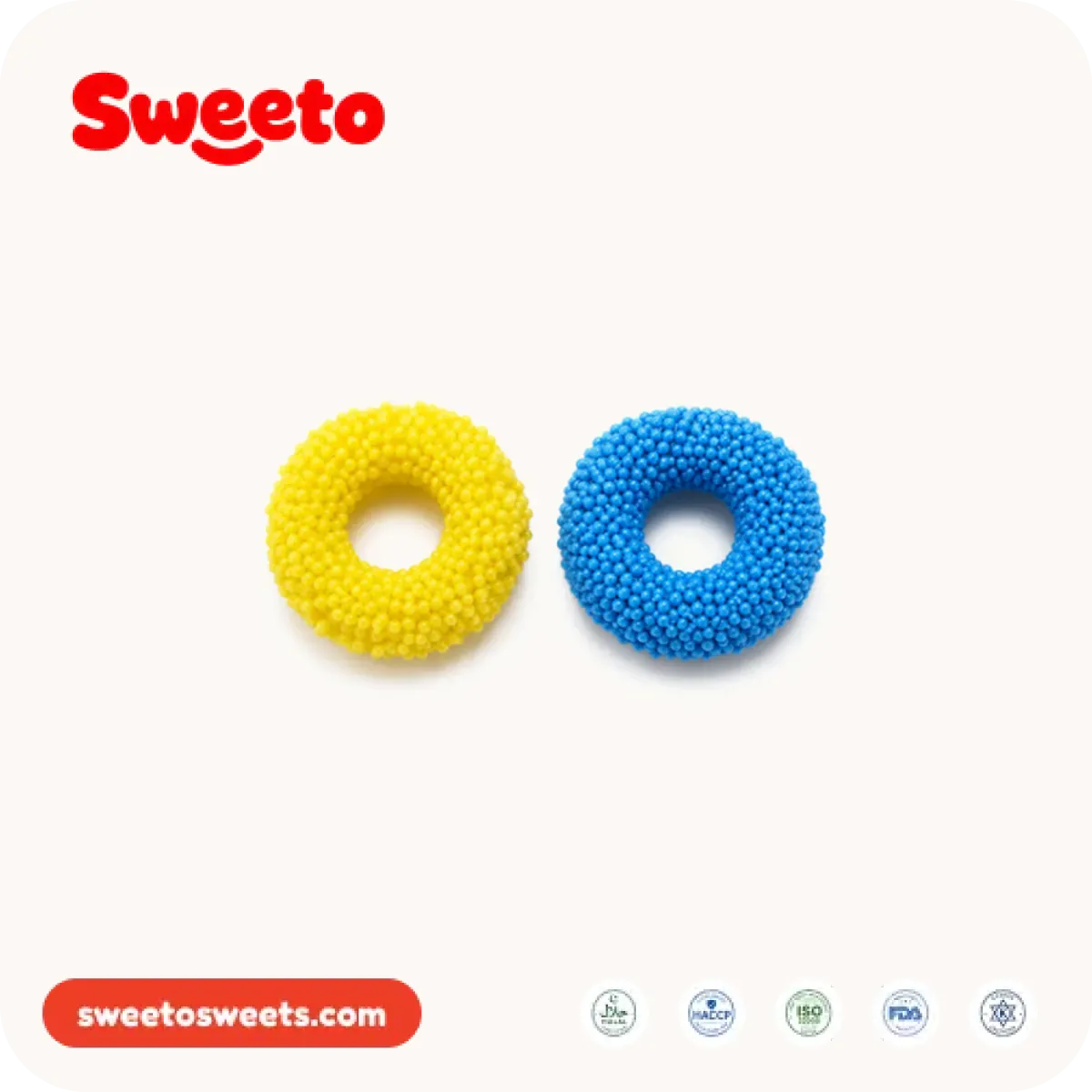 Yellow and blue gummy rings from Sweeto Sweets