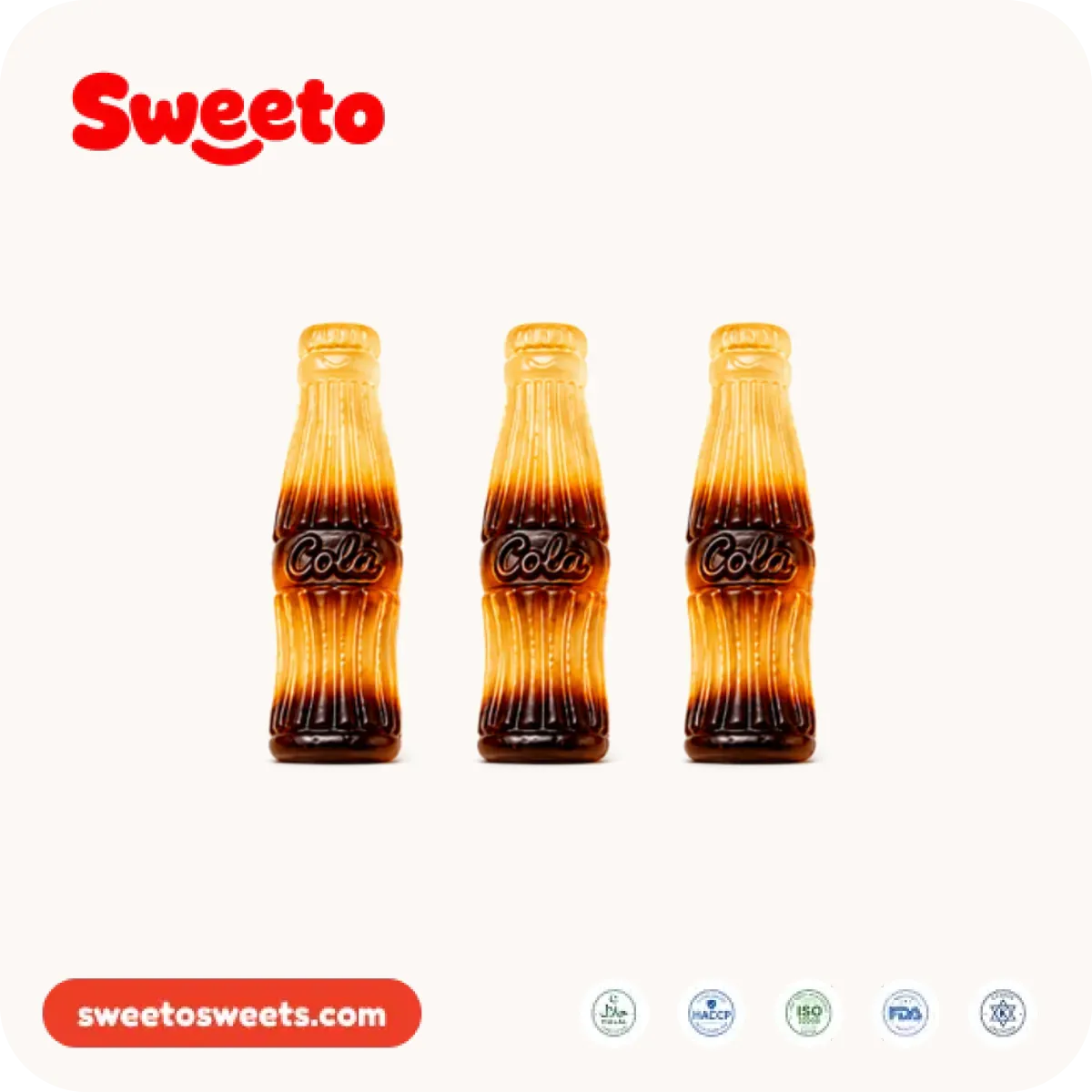 Giant cola bottle gummies from Sweeto Sweets with embossed lettering across the face