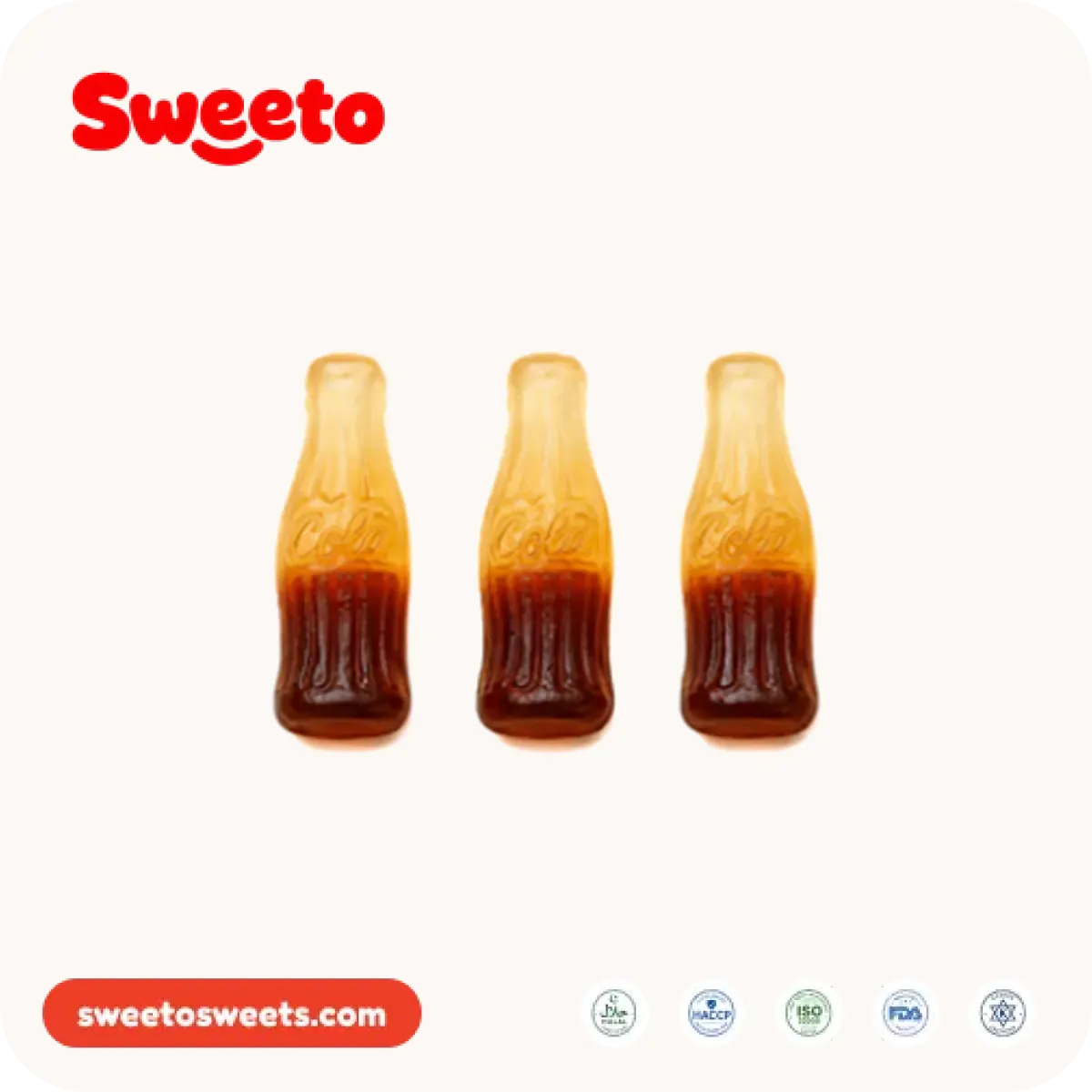 Mini cola bottle gummies from Sweeto Sweets in a translucent amber shade