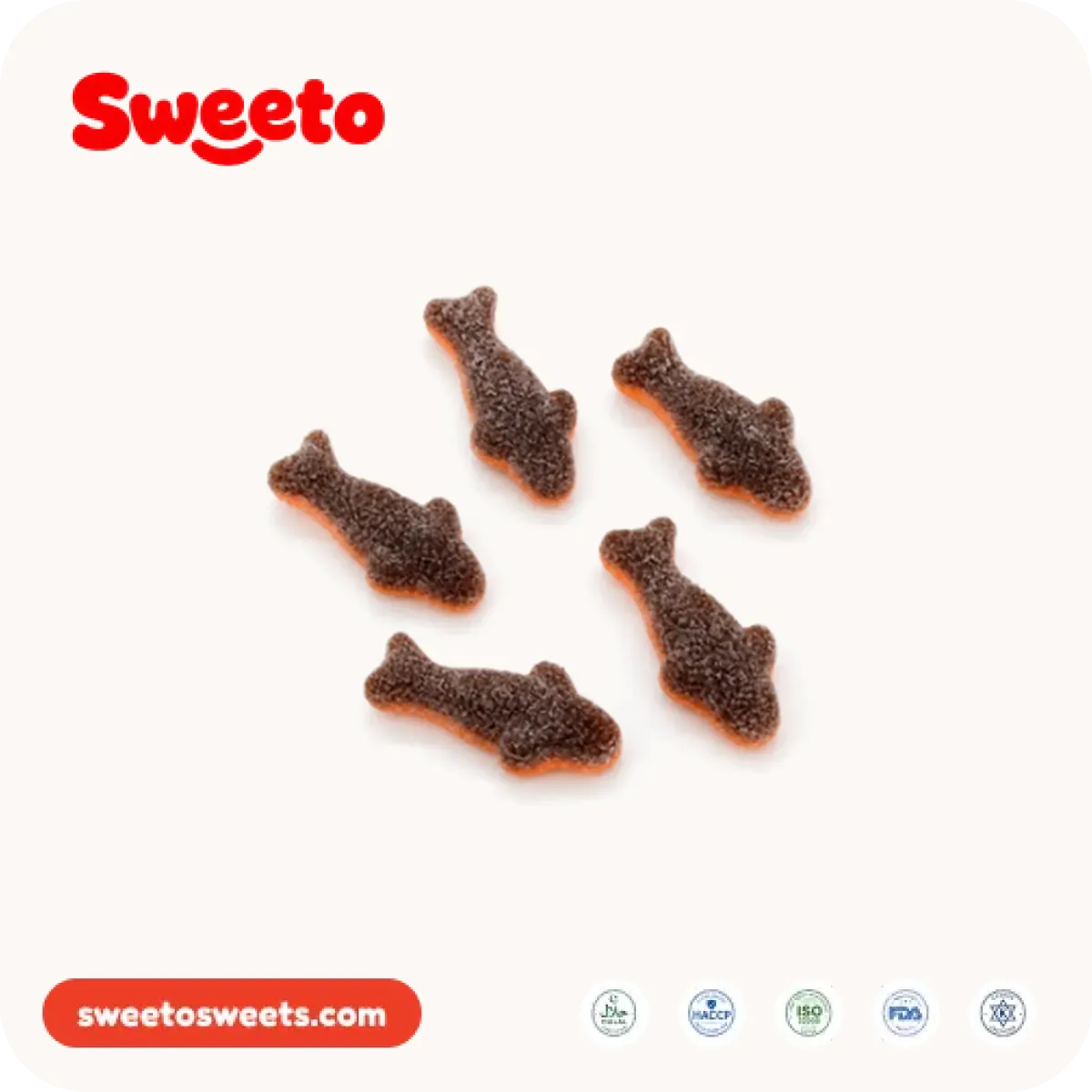 Sugar-sanded cola-flavoured bear gummies from Sweeto Sweets in a deep caramel brown