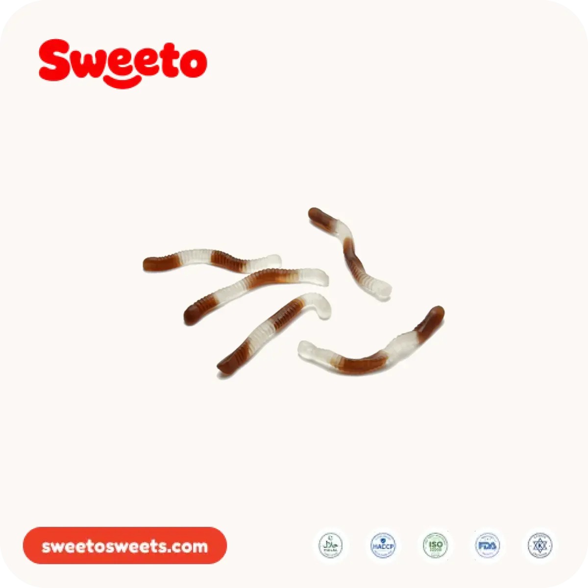 Brown and white cola crawler gummies from Sweeto Sweets in a two-tone build