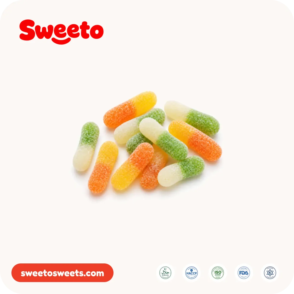 Sugar-sanded super sour bullet gummies from Sweeto Sweets in assorted colors