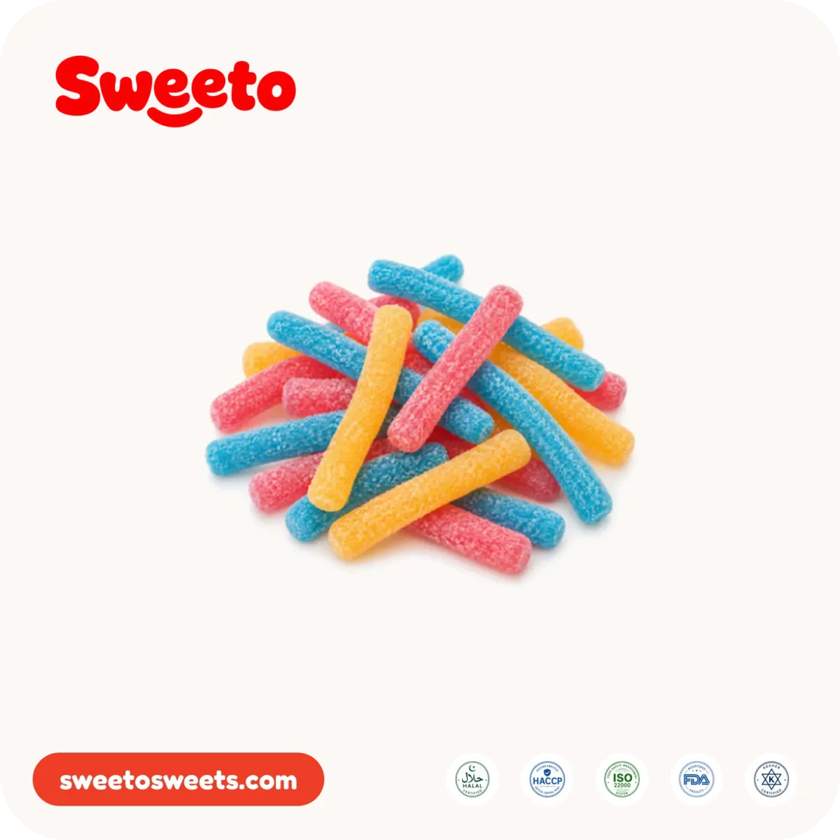 Sugar-sanded super sour stick gummies from Sweeto Sweets in assorted colors