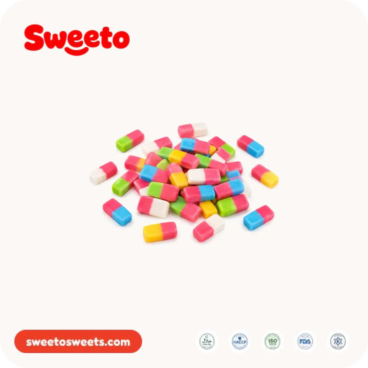 Two-tone bubble gum gummies from Sweeto Sweets in pink-white, pink-blue, pink-green and pink-yellow blocks