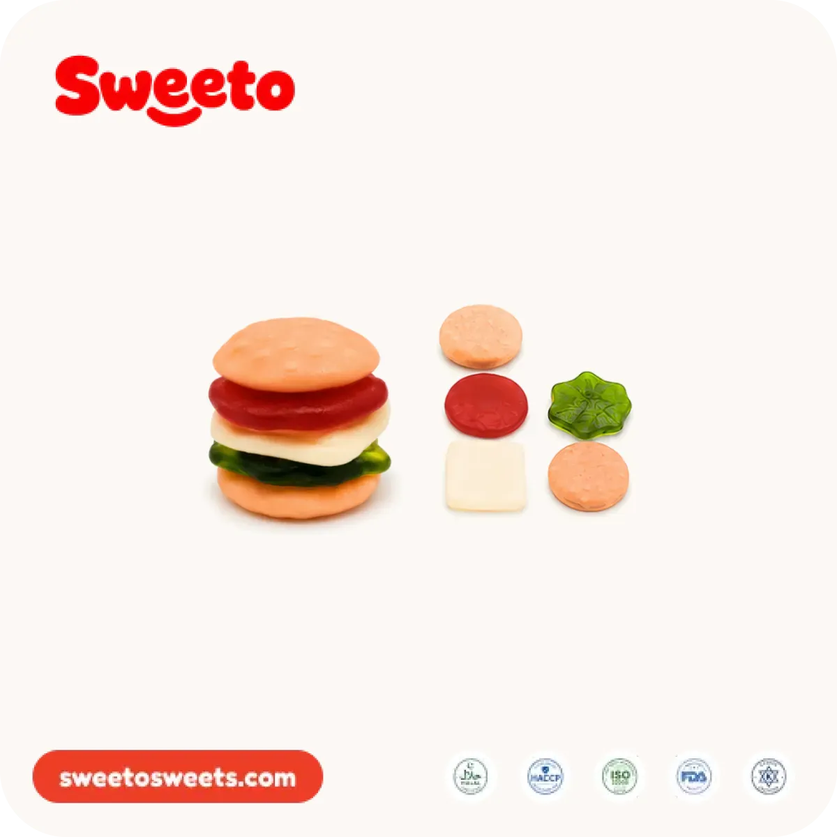 Five-layer stackable burger gummies from Sweeto Sweets shown assembled and separated into top bun, patty, cheese, lettuce and bottom bun