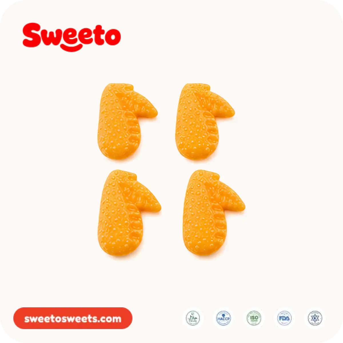 Four golden-orange chicken wing gummies from Sweeto Sweets with a stippled breaded surface and a two-lobe form