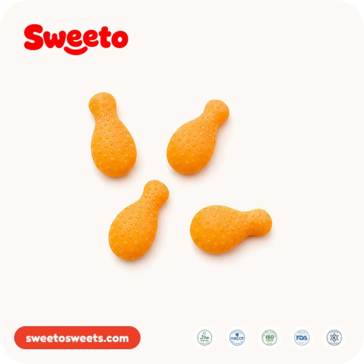 Four golden-orange chicken drumstick gummies from Sweeto Sweets with a stippled breaded surface texture