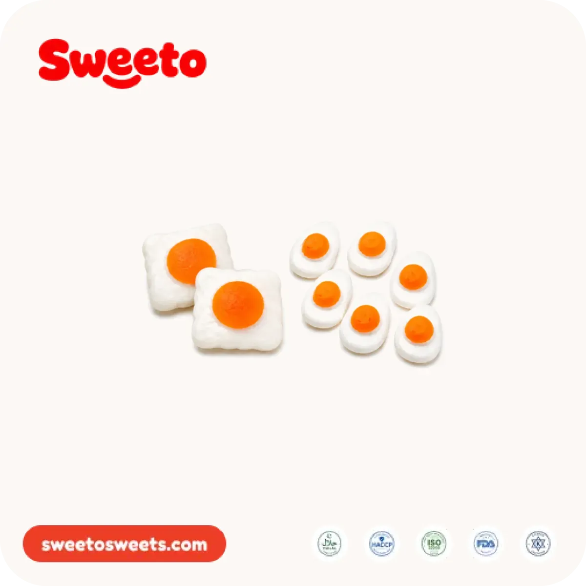 Fried egg gummies from Sweeto Sweets in two formats, two square pieces with an orange yolk on a white base and six smaller oval pieces with an orange yolk on a white base