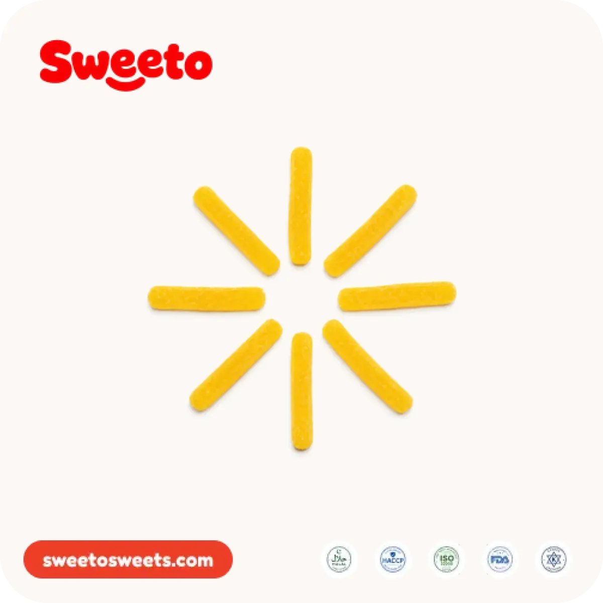 Yellow gummy french fry sticks from Sweeto Sweets arranged in a radiating pattern