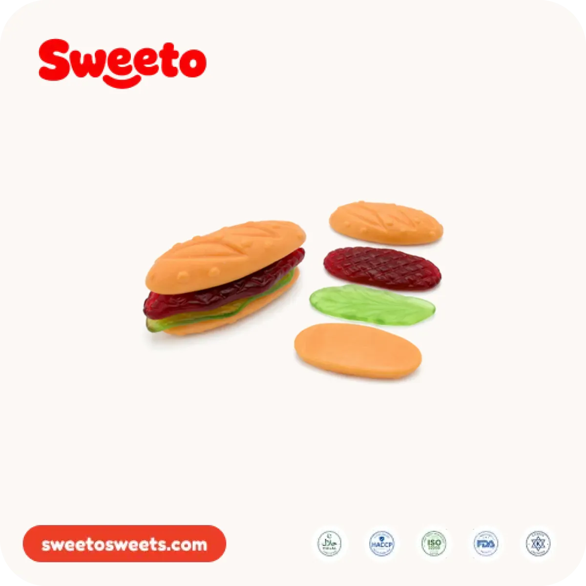 Four-piece stackable hot dog gummies from Sweeto Sweets with a baguette-style bun, dark red sausage, green lettuce strip and separate bun base