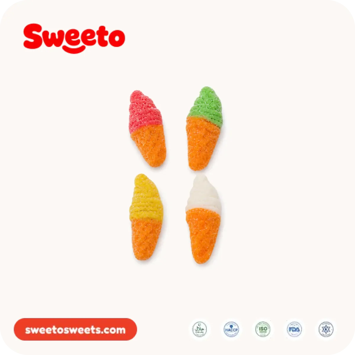 Two-tone ice cream cone gummies from Sweeto Sweets in red-orange, green-orange, yellow-orange and white-orange