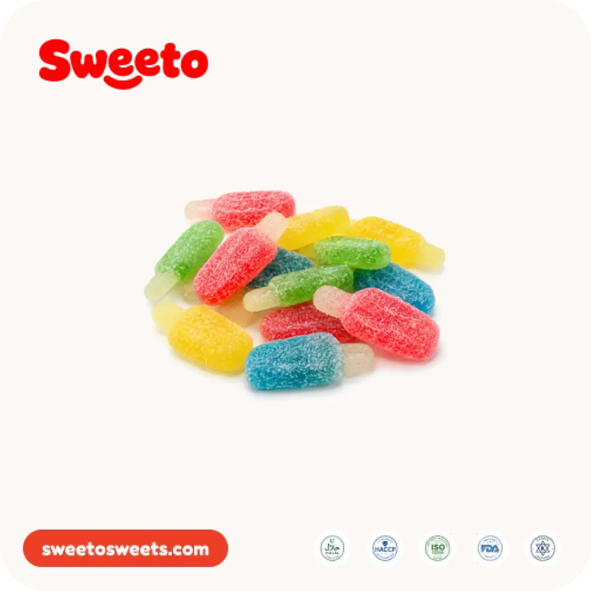 Sugar-sanded ice pop gummies from Sweeto Sweets in pink, green, blue and yellow with pale sticks