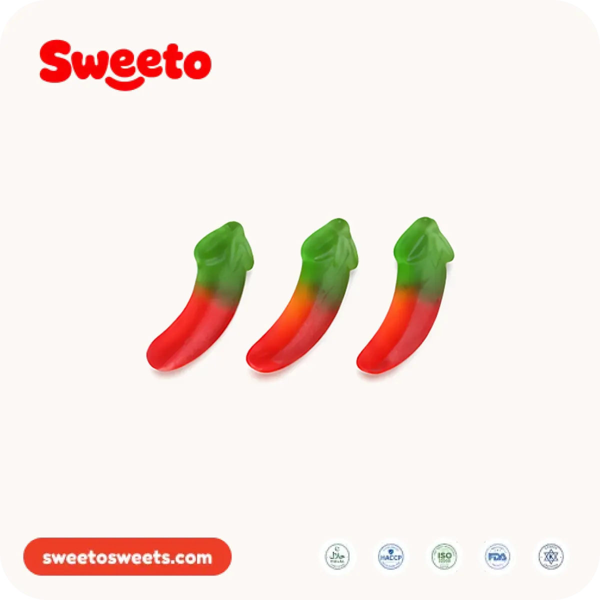 Three chilli pepper gummies from Sweeto Sweets, each a curved translucent piece running from a green stem through orange to a red tip