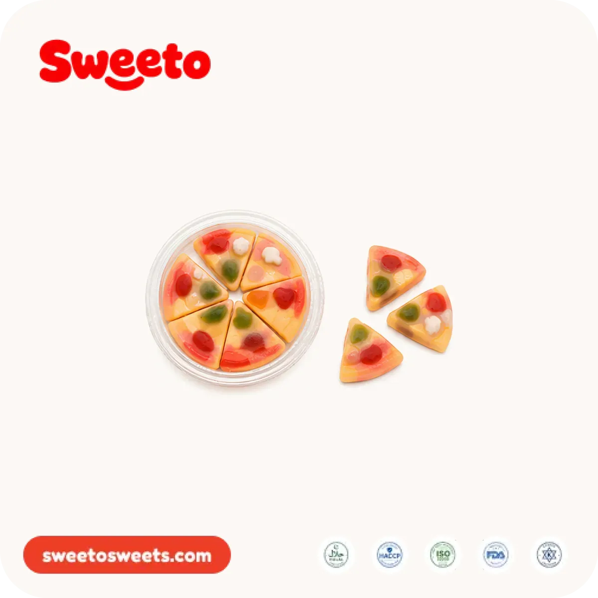Mini gummy pizza from Sweeto Sweets cut into slices and presented in a clear plastic tray with loose slices beside it
