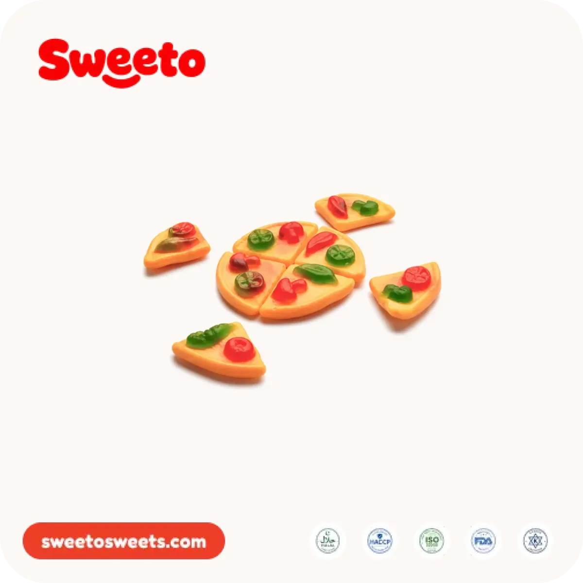 Gummy pizza slices from Sweeto Sweets with applied toppings arranged around a whole gummy pizza