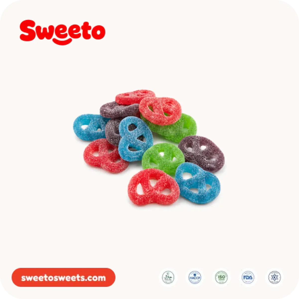 Sugar-sanded pretzel gummies from Sweeto Sweets in red, blue, green and purple with the three-hole knot shape