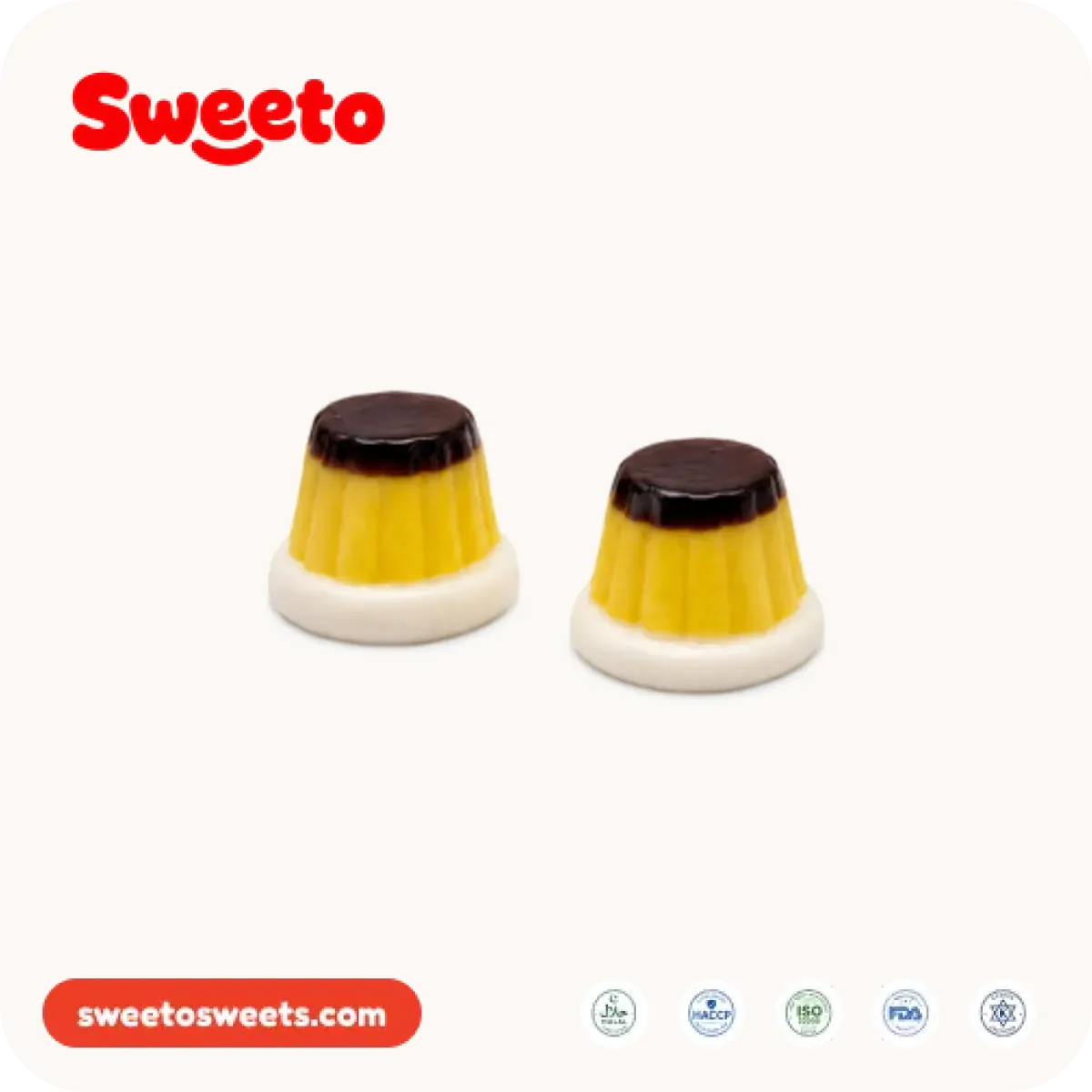 Three-layer caramel pudding gummies from Sweeto Sweets with dark caramel top, yellow custard body and pale cream base