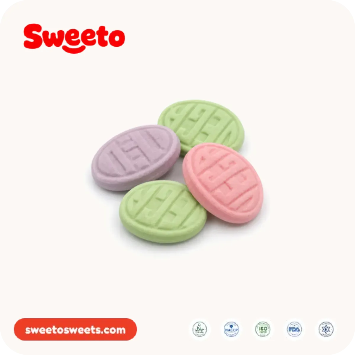 Pastel embossed oval gummies from Sweeto Sweets in green, purple and pink with a raised lattice pattern