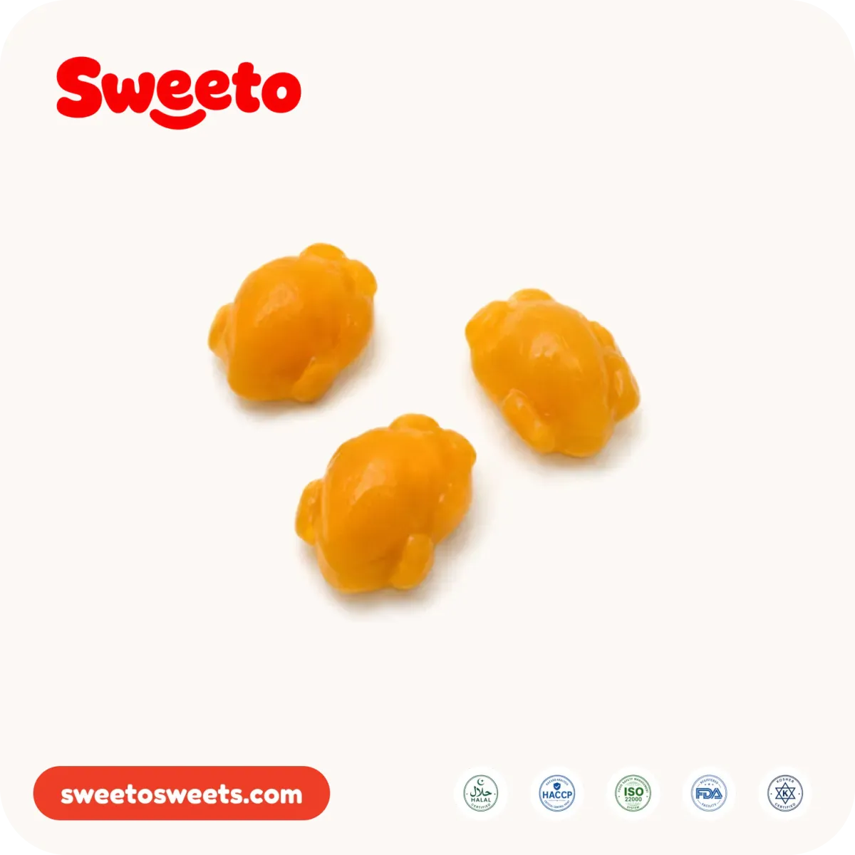 Three golden-orange roast turkey gummies from Sweeto Sweets with compact rounded bodies and small moulded leg forms