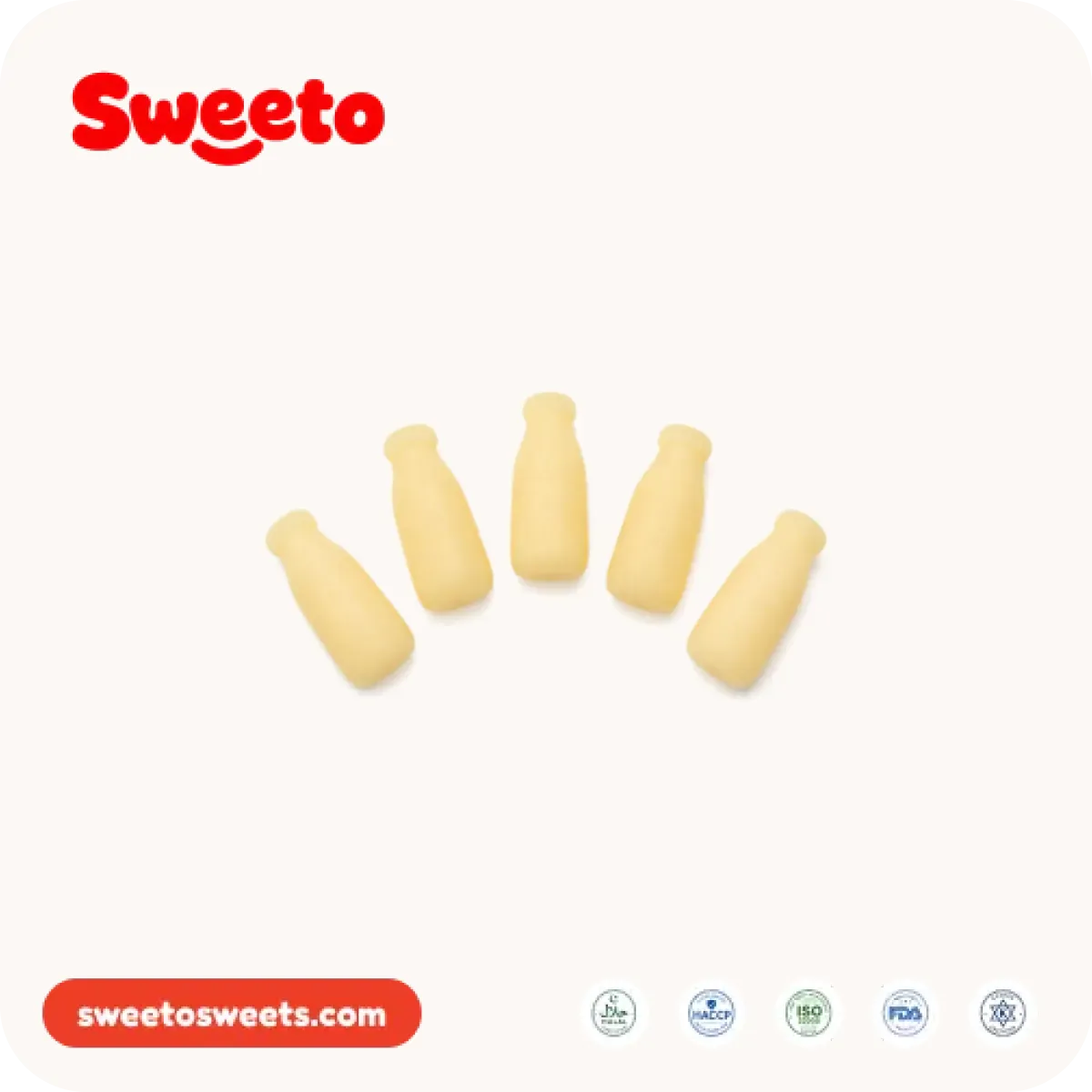 Five cream-coloured yogurt drink bottle gummies from Sweeto Sweets arranged in an arc