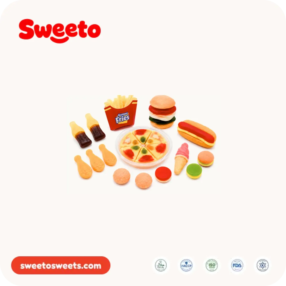 Assorted fast-food shaped gummies from Sweeto Sweets in mixed colors