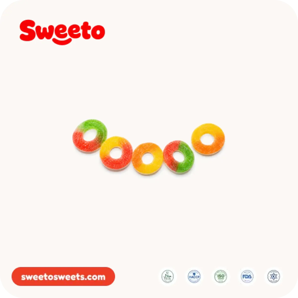 Assorted fruit ring gummies from Sweeto Sweets in multiple colors