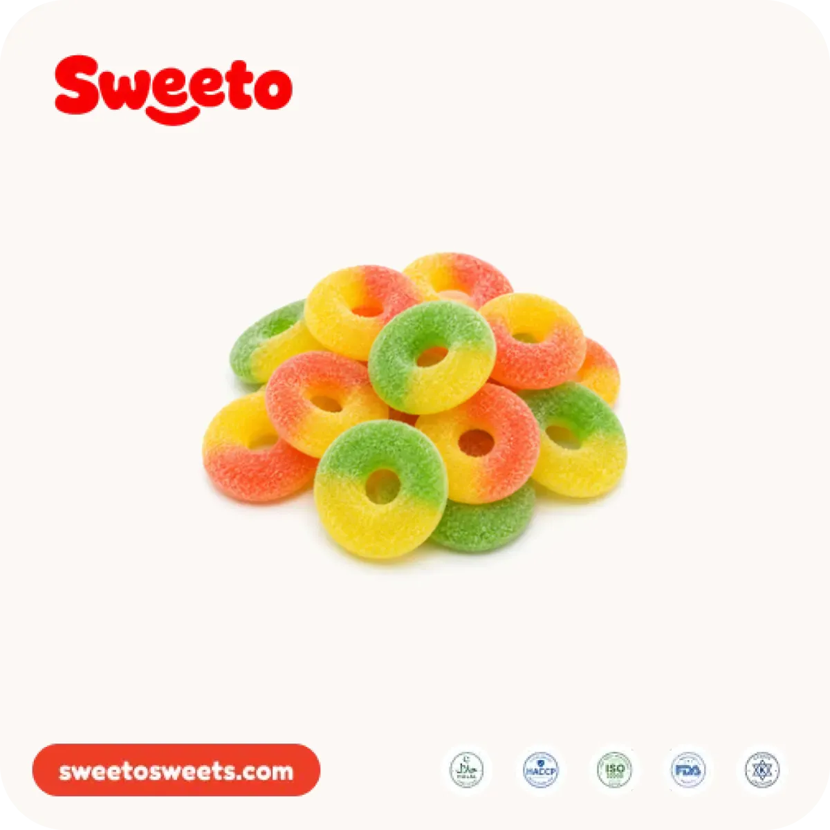Assorted rainbow sour ring gummies from Sweeto Sweets