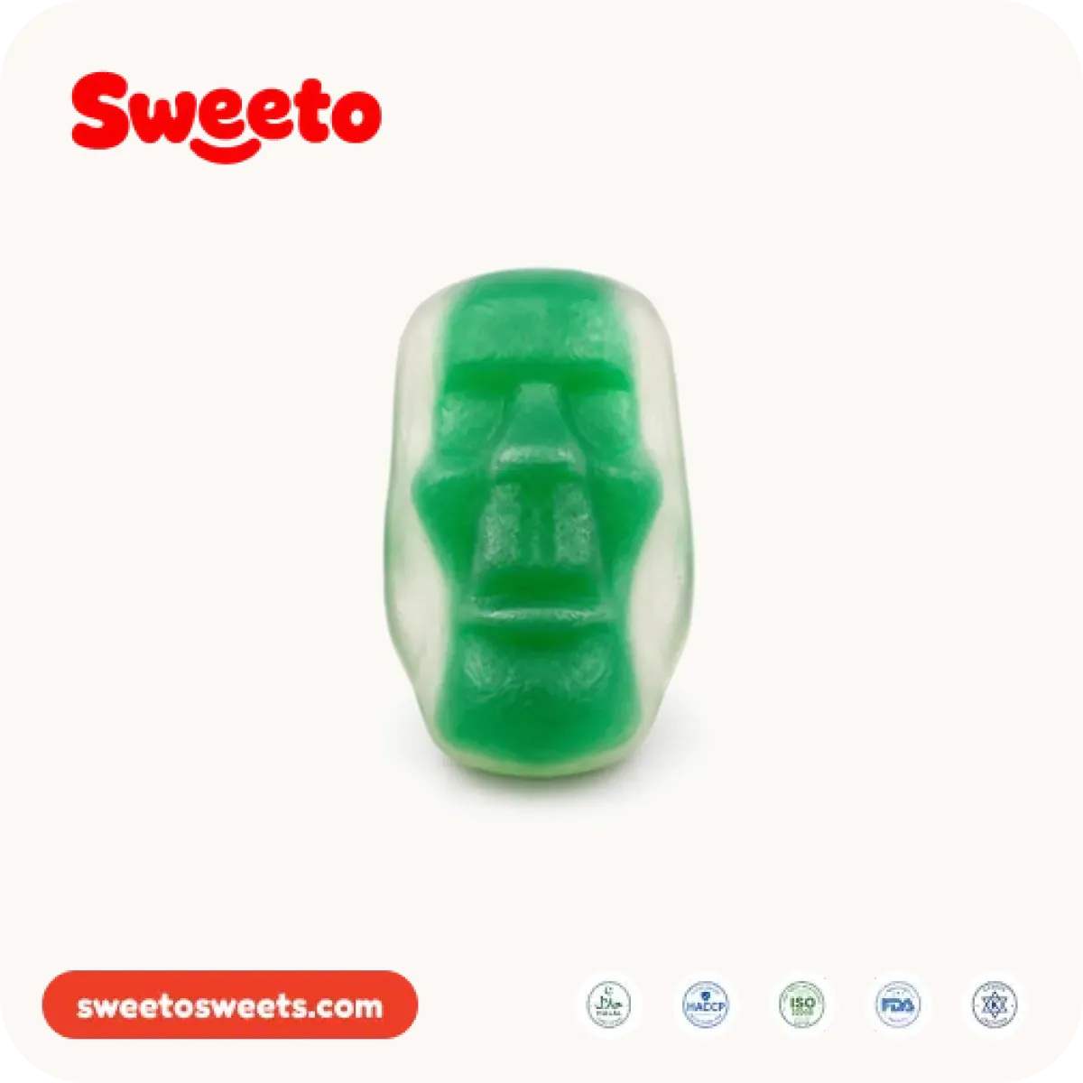 Moai head gummy from Sweeto Sweets in a green and white two-tone stone finish