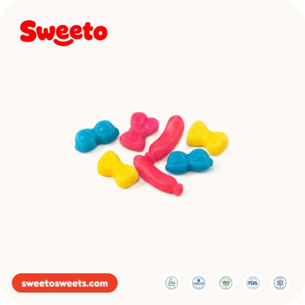 Party gummy assortment from Sweeto Sweets mixing glasses, balloon and bow party prop shapes