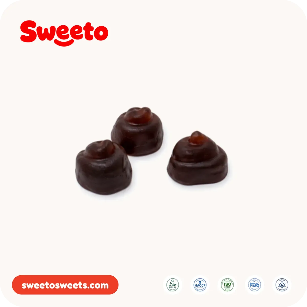 Brown swirl-shaped novelty poop gummy from Sweeto Sweets on a plain background