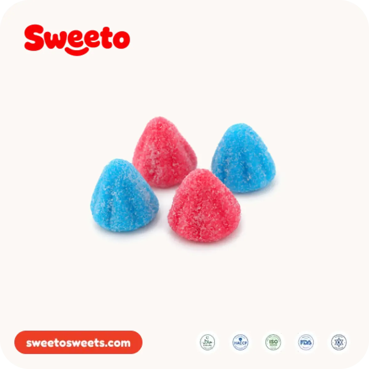 Sugar-sanded cone gummies from Sweeto Sweets in pink and blue