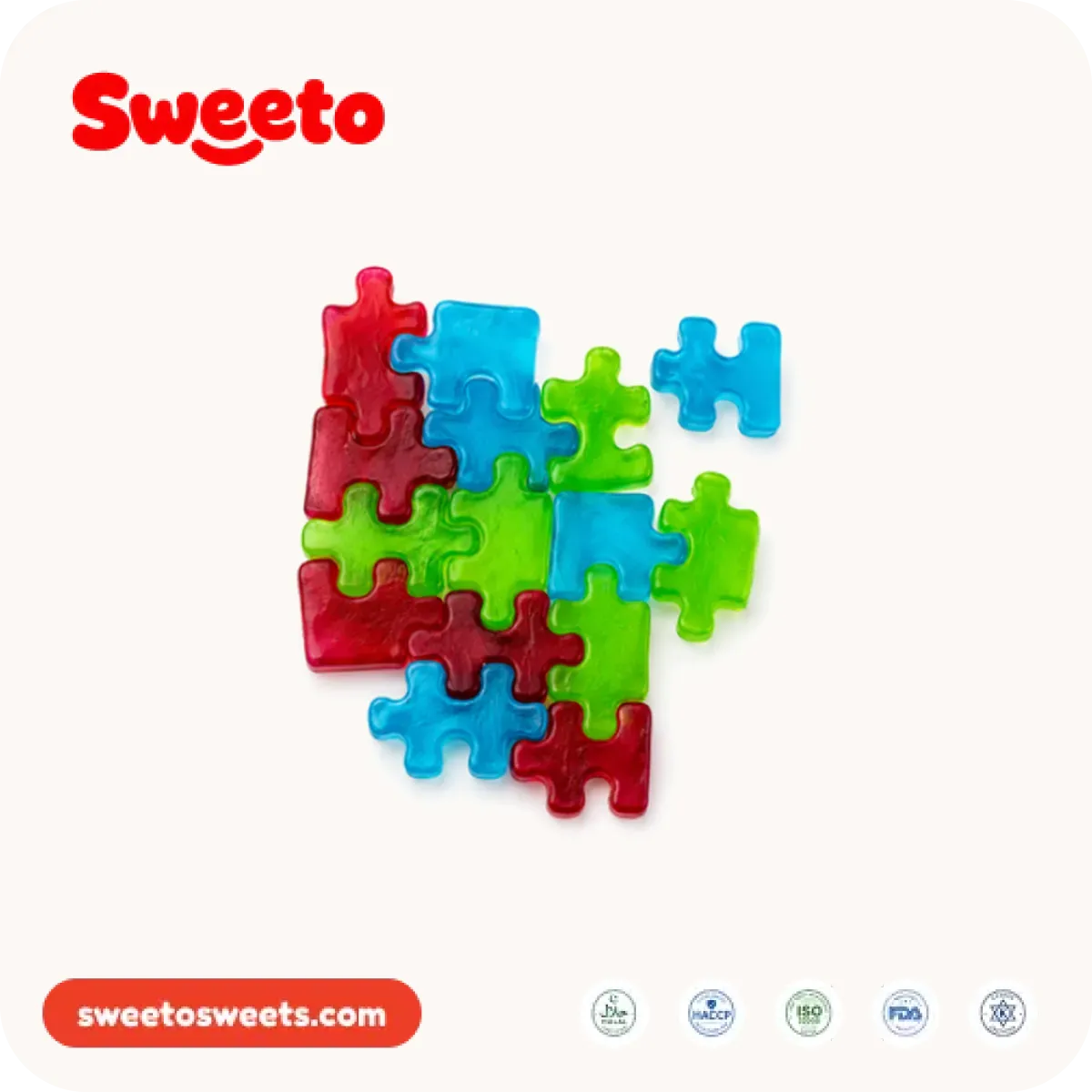 Assorted puzzle piece gummies from Sweeto Sweets interlocked and fitted together