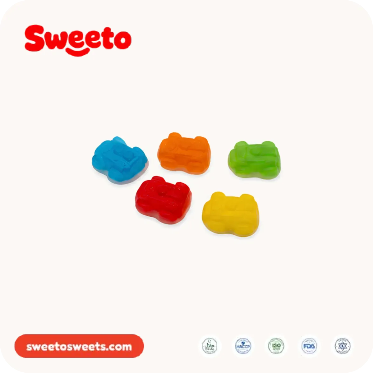 Glossy racing car gummies from Sweeto Sweets in assorted colours