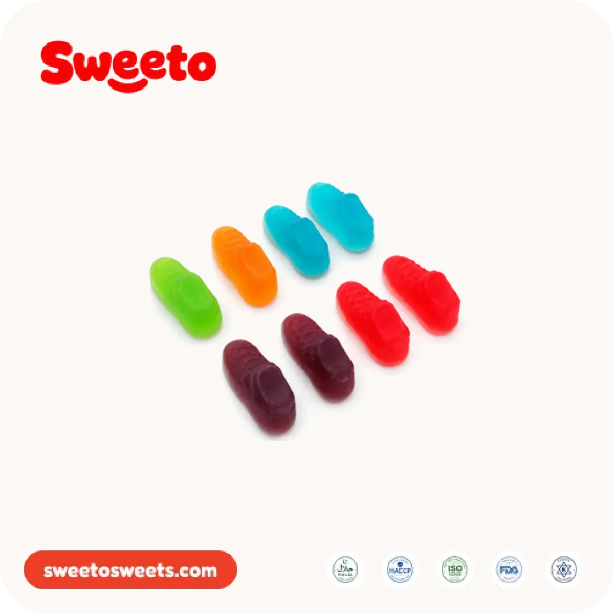 Glossy sneaker-shaped gummies from Sweeto Sweets in assorted colours