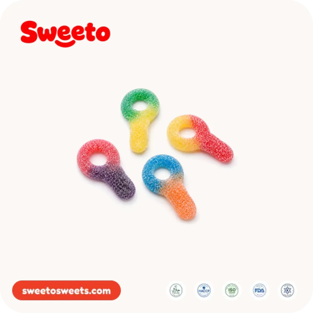 Sugar-sanded two-tone sour key gummies from Sweeto Sweets in green and yellow