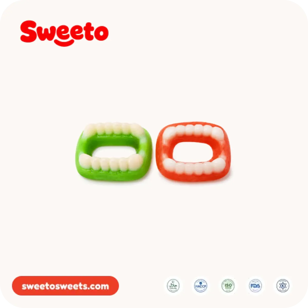 Denture gummies from Sweeto Sweets with green teeth and a red gum section