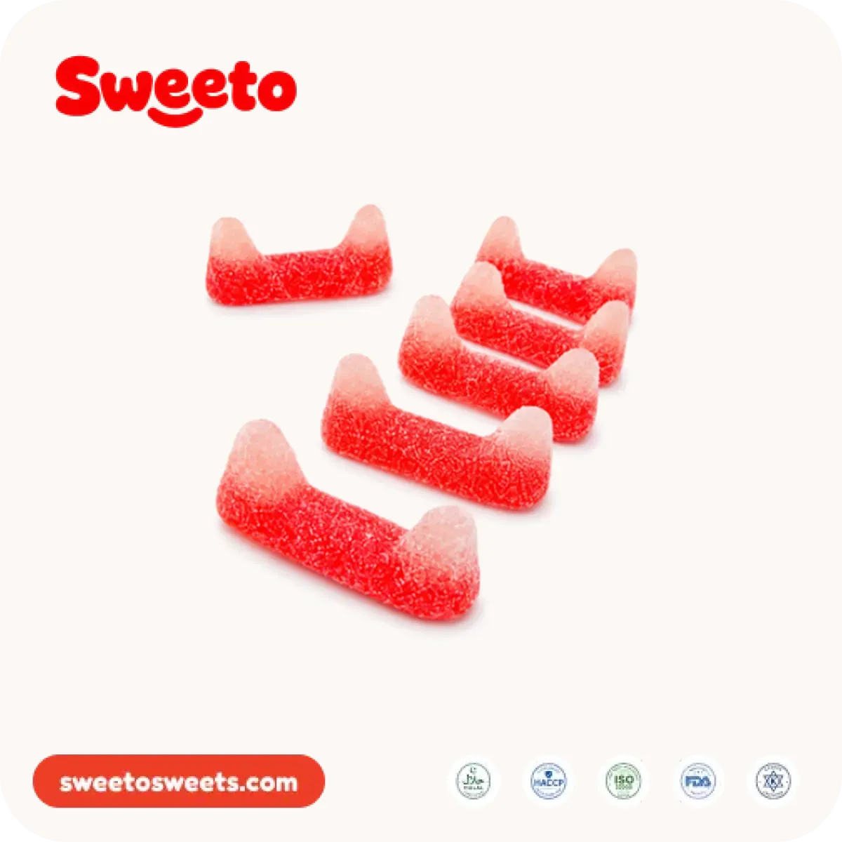 Sugar-sanded red fang gummies from Sweeto Sweets in a matte novelty finish