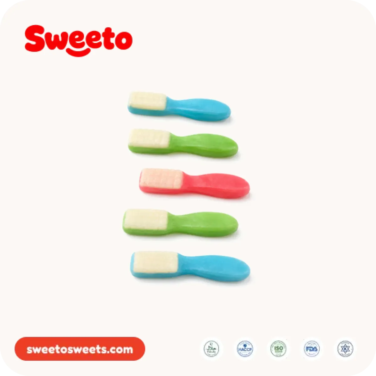 Toothbrush-shaped gummies from Sweeto Sweets in blue, green and red