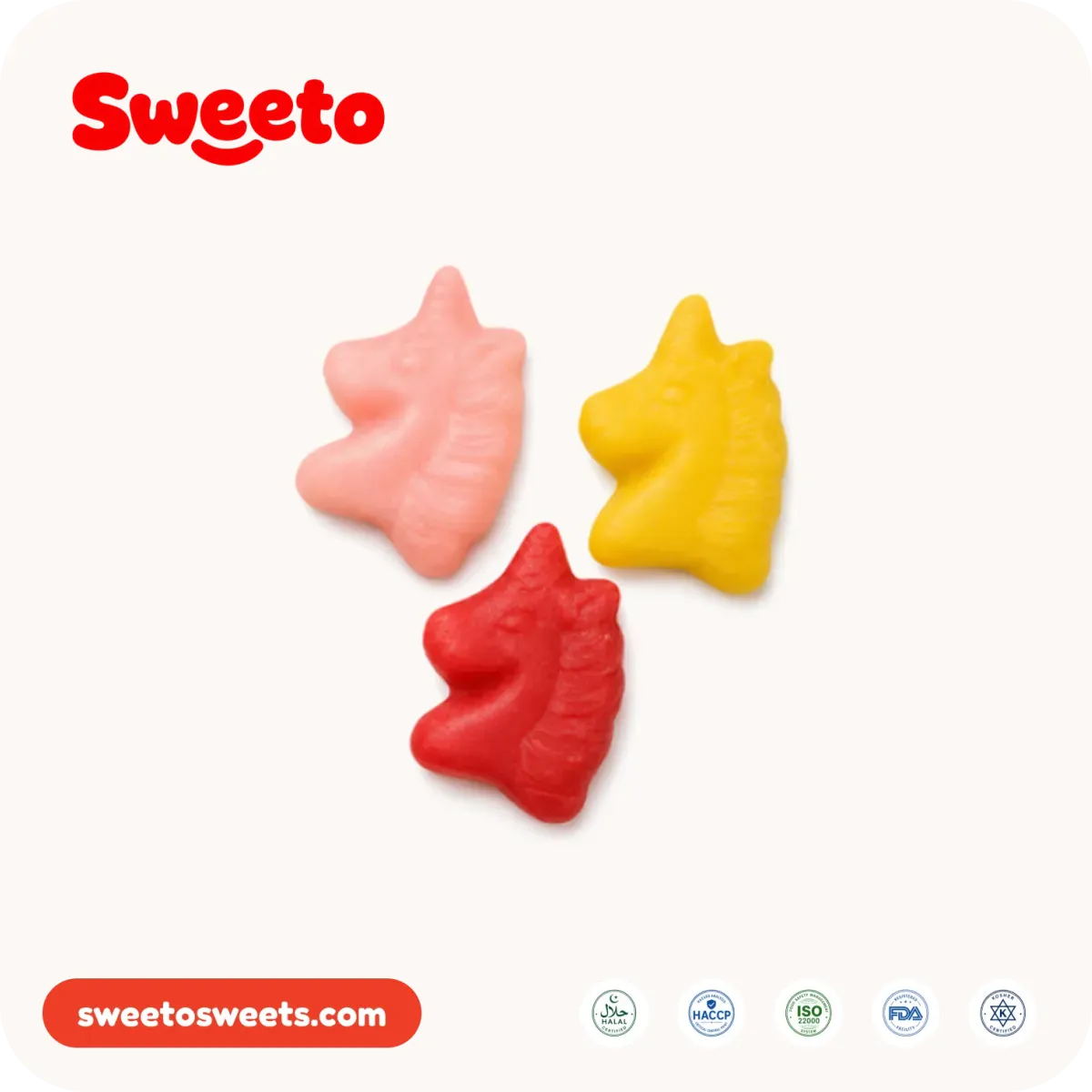Gominolas con forma de cabeza de unicornio de Sweeto Sweets en rosa, amarillo y rojo