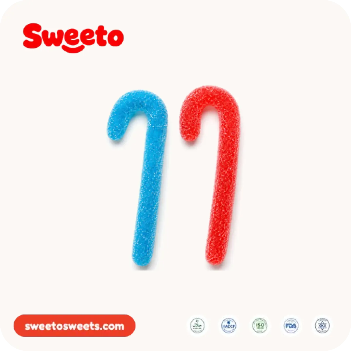 Striped candy cane gummies from Sweeto Sweets in blue and red