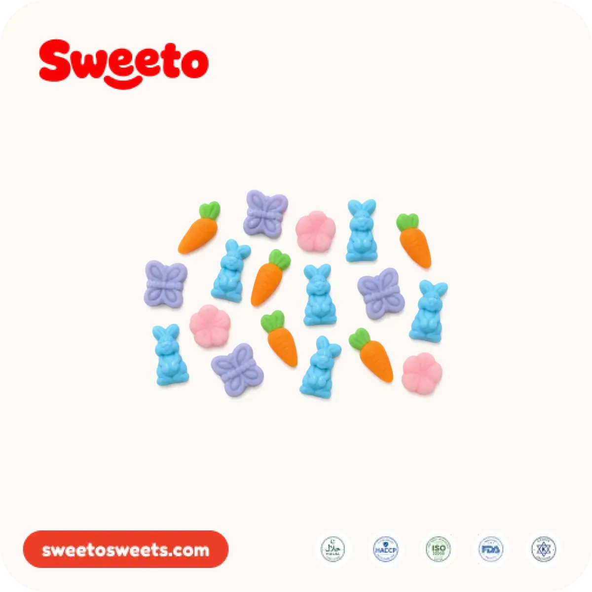 Easter gummy assortment from Sweeto Sweets with bunny, butterfly, carrot and blossom shapes