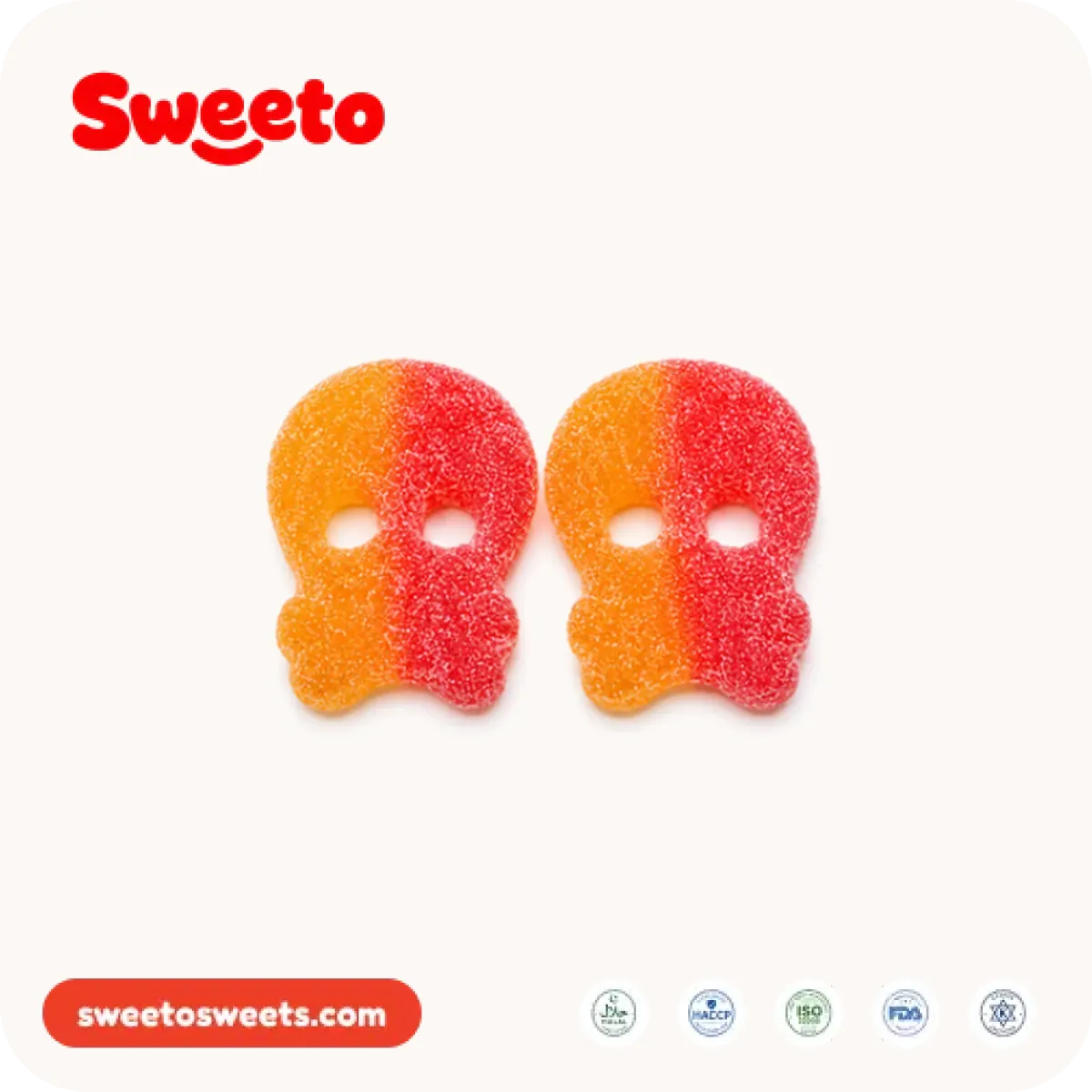 Two-tone Halloween skull gummies from Sweeto Sweets in orange and red