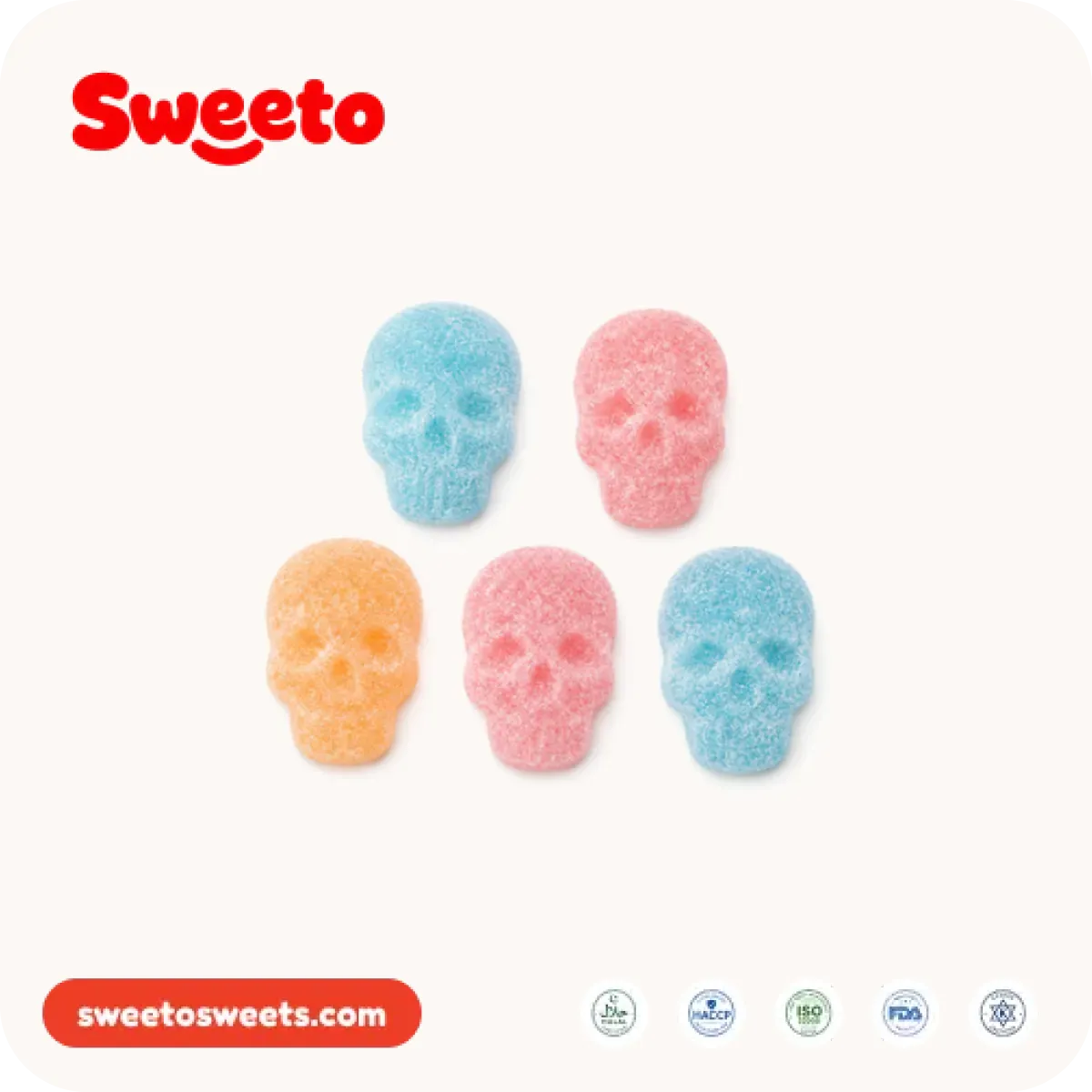 Sugar-sanded skull gummies from Sweeto Sweets in blue and pink