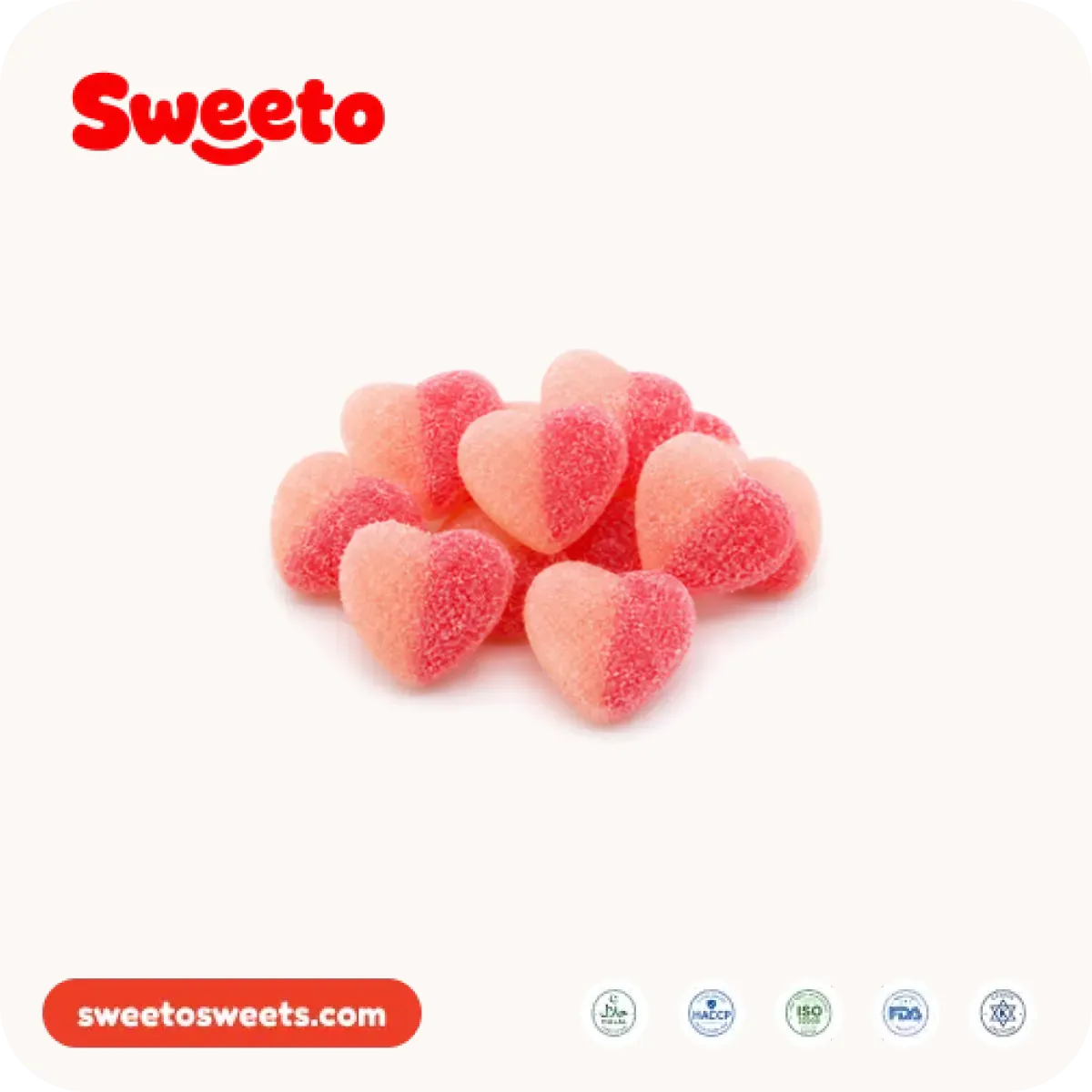 Heart gummies from Sweeto Sweets in assorted pink and red