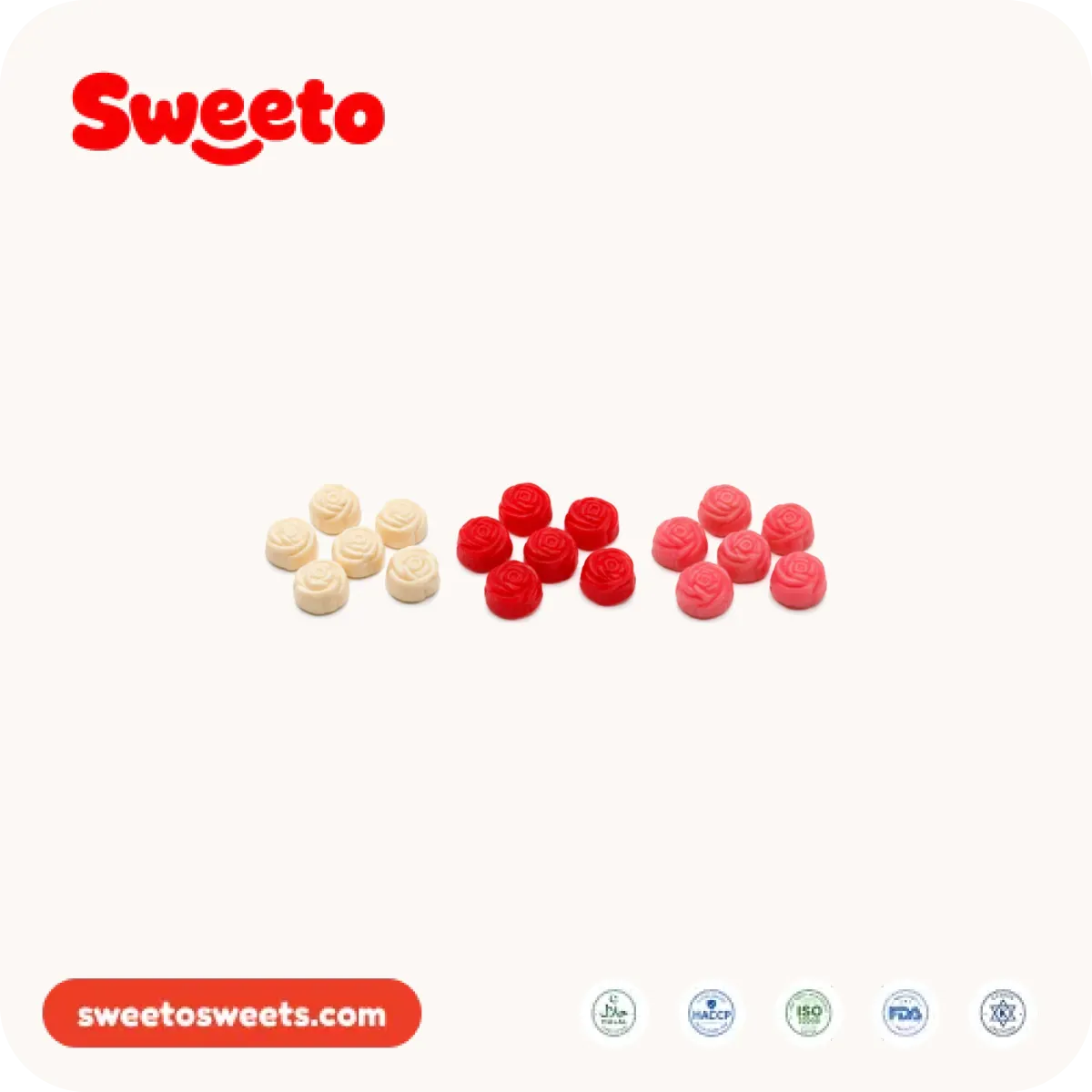 Rose-shaped gummies from Sweeto Sweets in white, red and pink